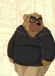 anthro belly big_belly blush bottomwear brown_body clothing eyewear glasses hoodie kemono male overweight overweight_male pants solo topwear snow_utamaru aggretsuko sanrio dokachin canid canine canis domestic_dog mammal 2023 hi_res