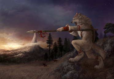 5_fingers anthro barefoot black_lips black_nose casual_nudity claws cloud day detailed_background digitigrade feet fingers fur grass group holding_object holding_weapon lips male markings melee_weapon mountain nude open_mouth outside plant polearm rock running shield side_view sky solo_focus spear standing step_pose tan_body tan_fur teeth tongue tree weapon wolnir canid canine canis mammal wolf detailed hi_res