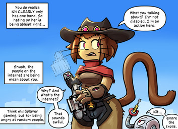 anthro breasts brown_hair brown_tail clothing cowboy_hat dialogue duo eyewear female female_anthro fingers goggles goggles_on_headwear gun hair hat headgear headwear machine male missing_hand open_mouth ranged_weapon screwdriver tail talking_to_another text tools weapon whiskers shieltar gameoverse glitch_productions kaboodle_(gameoverse) kit_bodega domestic_cat felid feline felis mammal robot 2026 english_text hi_res