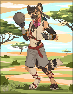 anthro armor ball biped black_body black_fur black_hair black_nose bottomwear bracers brown_body brown_fur claws clothed clothing ear_piercing ear_ring feather_jewelry footwear fur hair heel_pad kerchief male open_mouth orange_eyes padded_palms pawpads paws piercing ring_piercing sandals sash shoes shorts solo standing tail tan_body tan_fur toe_claws topwear vest white_body white_fur sidnithefox paint_(razim) african_wild_dog canid canine mammal 2025 absurd_res hi_res