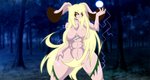 abs anthro black_sclera blonde_hair breasts censored_nipples clothing convenient_censorship electricity energy female forest hair hair_covering_breasts long_hair nude plant power solo torn_clothing tree mastergodai jazmin_usagi lagomorph leporid mammal rabbit censored