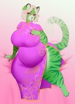 abstract_background anthro asian_clothing bed belly big_breasts breasts chinese_clothing chinese_dress clothed clothing dress east_asian_clothing eye_contact eyebrows eyelashes female fur fur_markings furniture green_body green_fur hand_on_breast huge_breasts huge_hips huge_thighs inner_ear_fluff long_dress looking_at_another looking_at_viewer looking_pleasured markings mature_female navel obese on_bed overweight pink_background pink_clothing pink_dress pose potbelly pregnant pregnant_anthro pregnant_female red_sclera simple_background sitting sitting_on_bed slightly_chubby slightly_chubby_anthro slightly_chubby_female solo striped_body striped_fur stripes tail thick_thighs tuft wide_hips chatski felid mammal pantherine tiger hi_res