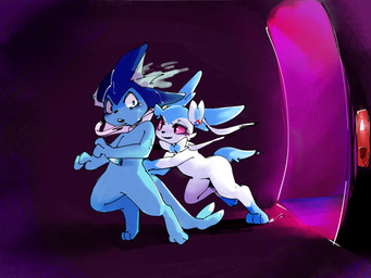 3_fingers 3_toes ambiguous_gender anthro anthrofied biped black_nose blue_body blue_ears blue_eyes blue_fur blue_skin blue_tail bodily_fluids bow_(feature) bow_accessory detailed_background digitigrade duo ear_bow ear_fins ear_piercing ear_ring elevator featureless_crotch feet fin fingers frill_(anatomy) fur gloves_(marking) head_fin holding_knife holding_object kemono knife leg_markings looking_at_another markings membrane_(anatomy) membranous_frill monotone_tail multicolored_body multicolored_fur neck_bow neck_frill no_sclera nude open_mouth paws piercing pink_eyes pokemorph pupils ring_piercing running semi-anthro shocked side_view slit_pupils smile socks_(marking) stab standing sweat sweatdrop tail tail_fin three-quarter_view toes translucent translucent_body two_tone_body two_tone_fur violence white_body white_fur white_ribbon netchy_boo nintendo pokemon aquatic canid eeveelution generation_1_pokemon generation_6_pokemon mammal pokemon_(species) shiny_pokemon sylveon vaporeon 4:3 colored digital_media_(artwork) full-length_portrait high_contrast portrait shaded