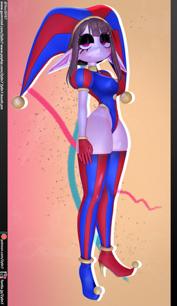 big_breasts big_ears black_border black_eyeshadow blue_clothing blue_eyes blue_footwear blue_hat blue_headwear blue_legwear blue_leotard blue_shoes blue_thigh_highs blush blush_lines boots border breasts brown_hair clothing eyelashes eyeshadow female fool's_hat footwear front_view gloves hair handwear hat headgear headwear high_heeled_boots high_heels humanoid_pointy_ears jester_outfit legwear leotard looking_at_viewer makeup multicolored_eyes orange_background pale_skin pattern_background pattern_clothing pattern_hat pattern_headgear pattern_headwear pattern_legwear pattern_thigh_highs pointy_ears red_clothing red_eyes red_footwear red_gloves red_handwear red_hat red_headwear red_legwear red_leotard red_shoes red_thigh_highs shoes simple_background solo striped_clothing striped_hat striped_headgear striped_headwear striped_legwear striped_thigh_highs stripes text thick_thighs thigh_highs wide_hips zy0n7 glitch_productions the_amazing_digital_circus pomni_(tadc) humanoid 3d_(artwork) absurd_res digital_media_(artwork) hi_res url