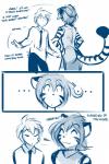 2018 anthro asian_clothing blue_and_white butt chinese_clothing chinese_dress clothed clothing comic conditional_dnp dialogue dress duo east_asian_clothing english_text eyes_closed felid female flora_(twokinds) fur hair hair_bun hands_on_hips hi_res human keidran male mammal monochrome necktie pantherine relieved simple_background sketch smile striped_body striped_fur stripes tail text tiger tom_fischbach trace_legacy twokinds white_background