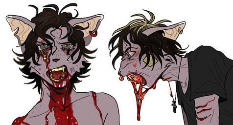 adam's_apple anthro arm_wound bandage bandage_on_face blonde_highlights blood blood_drip blood_from_mouth blood_in_mouth blood_string bodily_fluids brown_hair cheek_tuft cross cross_necklace dripping ear_piercing ear_ring eye_wound facial_tuft fangs freckled_face freckles gore green_eyes grey_body grey_skin hair highlights_(coloring) hunched_over jewelry long_tail looking_at_viewer male messy_hair necklace nosebleed notched_ear open_mouth piercing pointy_ears puncture_wound pupils ring_piercing short_hair simple_background slit_pupils solo tail teeth thumb_tack tuft vomiting vomiting_blood wounded yellow_eyes ddcrushh dylan_(ddcrushh) felid feline mammal 2018 digital_drawing_(artwork) digital_media_(artwork) trans_(lore) trans_man_(lore)