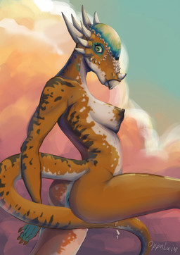 anthro anus blue_anus cloud female green_eyes horn light macro nipples orange_body skinny solo sunlight sunset tail dinogaize loonhart jurassic_park jurassic_world universal_studios dinosaur lizard marginocephalian ornithischian pachycephalosaurid prehistoric_species reptile scalie stygimoloch hi_res