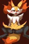 anthro black_body black_fur blush bodily_fluids chest_tuft digitigrade dipstick_tail drooling female fluffy fluffy_tail fur genital_fluids genitals inner_ear_fluff markings multicolored_body multicolored_fur navel open_mouth orange_body orange_eyes orange_fur pseudo_skirt pussy red_background saliva simple_background solo spread_legs spreading tail tail_markings tuft vaginal_fluids white_body white_fur yellow_body yellow_fur izon448 nintendo pokemon braixen canid canine generation_6_pokemon mammal pokemon_(species) 2:3 digital_drawing_(artwork) digital_media_(artwork) hi_res shaded simple_shading