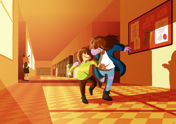anthro checkered checkered_floor clothed clothing female group hair hallway locker male noticeboard perspective school shadow smile trio window umapsd_(artist) deltarune undertale_(series) kris_dreemurr noelle_holiday susie_(deltarune) deer human mammal new_world_deer reindeer reptile scalie 2019 digital_media_(artwork)