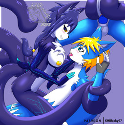 anthro areola arm_markings balls bdsm black_sclera blonde_hair blue_body blue_eyes blue_fingers blue_fur blue_penis blush breasts chest_fur chest_tuft clothing dark_body dark_hair dark_sclera dominant dominant_female duo eye_contact female female_on_top fingerless_(marking) fingerless_gloves fur fur_markings genitals gloves gloves_(marking) hair hand_markings hand_on_cheek hand_on_chest handwear knot leg_markings long_tail looking_at_another looking_pleasured male male/female markings mostly_nude multi_tail multicolored_body multicolored_fur nipples on_top penetration penile penile_penetration penis penis_in_vagina prehensile_tail purple_body purple_fur purple_hair purple_tail raised_tail simple_background straddling submissive submissive_male tail tongue tongue_out tuft vaginal vaginal_penetration vulva white_body white_fur yellow_areola yellow_eyes yellow_nipples yellow_vulva khblacky97 hyro_soriuki shion_ikigai canid canine fox mammal 1:1 absurd_res digital_media_(artwork) hi_res