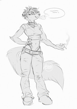 anthro cigarette clothed clothing day ear_piercing ear_ring fangs female front_view gauged_ear hand_on_hip holding_cigarette holding_object narrowed_eyes nipple_outline open_mouth piercing ring_piercing simple_background smoking solo standing teeth azuza 2025 dated full-length_portrait hi_res monochrome portrait sketch