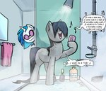 bathing bathroom black_hair blue_hair cutie_mark duo eyewear female feral fur glasses grey_body grey_fur hair hair_over_eyes horn showering singing soap_bar text towel unicorn_horn wet wet_body wet_fur white_body white_fur shieltar friendship_is_magic hasbro my_little_pony mythology octavia_(mlp) vinyl_scratch_(mlp) earth_pony equid equine horse mammal mythological_creature mythological_equine pony unicorn 2023 english_text hi_res