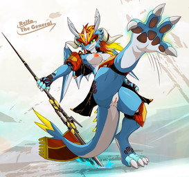 anthro anus breasts butt claws female genitals holding_object holding_weapon horn medium_breasts melee_weapon muscular muscular_anthro muscular_female nipples non-mammal_breasts non-mammal_nipples solo spread_legs spreading tail thick_thighs vulva weapon wings dragoon86 mythology dragon mythological_creature mythological_scalie scalie hi_res