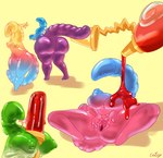 anthro anus big_breasts big_butt breasts butt candy dessert female food gradient_body gradient_breasts group gummy_(food) gummy_worm open_pussy pouring_on_breasts shadow simple_background small_breasts spread_legs spreading tail thick_thighs yellow_background snappy_snaz food_creature gummy_creature living_candy cel_shading digital_media_(artwork) hi_res shaded