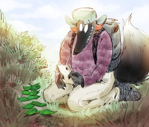 anthro backpack black_body black_fur bottomwear cellphone clothing cloud day detailed_background electronics fingers footwear fur grass hair hat headgear headwear holding_cellphone holding_object holding_phone holding_smartphone kneeling onomatopoeia outside pants phone plant shoes sky smartphone solo sound_effects tail taking_picture teeth text topwear white_sclera twistcmyk mammal 2025 digital_media_(artwork) english_description hi_res portrait