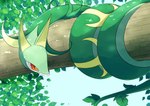 ambiguous_gender countershade_face countershading curled_up detailed_background feral leaf leaf_tail long_body long_ears looking_down outside plant pupils red_eyes serpentine sky slit_pupils solo tail tree oemmtoru nintendo pokemon generation_5_pokemon pokemon_(species) serperior 2019 digital_media_(artwork) hi_res