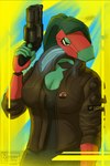 2:3 abstract_background anthro badge clothed clothing cyberpunk cyberpunk_2077 cyberpunk_clothes digital_drawing_(artwork) digital_media_(artwork) female generation_1_pokemon gun hair half_body hi_res long_hair looking_away nintendo pokemon pokemon_(species) porygon ranged_weapon science_fiction simple_background sinser solo standing weapon yellow_background