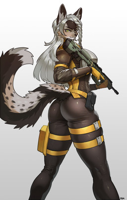 anthro biped bottomwear breasts clothed clothed_anthro clothed_female clothing female fingers fully_clothed fully_clothed_anthro fully_clothed_female fur gloves gun hair handwear looking_at_viewer ranged_weapon rear_view simple_background smile solo standing tail topwear weapon pgm300 mammal 2026 absurd_res digital_drawing_(artwork) digital_media_(artwork) hi_res