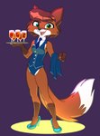 4_fingers anthro beverage big_eyes big_pupils biped black_eyes blue_clothing blue_footwear blue_high_heels blue_necktie blue_shoes blue_topwear blue_vest breasts brown_body brown_ears brown_fur brown_hair brown_markings cheek_tuft claws clothed clothed_anthro clothed_female clothing container countershade_face countershade_fur countershading cup dipstick_tail drinking_glass eye_through_hair eyebrow_through_hair eyebrows facial_tuft female female_anthro finger_claws fingers footwear front_view fur glass glass_container glass_cup glistening glistening_eyes gloves_(marking) green_eyes hair high_heels leg_markings long_tail looking_at_viewer markings monotone_hair multicolored_body multicolored_eyes multicolored_fur necktie open_mouth open_smile orange_body orange_fur pink_tongue plantigrade pupils purple_background purple_nose shoes short_hair simple_background slim slim_anthro slim_female smile smiling_at_viewer socks_(marking) solo standing tail tail_markings teeth tight_clothing tight_vest tongue topwear translucent translucent_hair tuft vest white_body white_claws white_countershading white_fur white_markings white_sclera white_tail_tip yellow_eyes siroc canid canine fox mammal full-length_portrait hi_res portrait