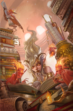 book breath_powers elemental_manipulation female fire fire_breathing fire_manipulation glowing glowing_eyes glyphs group hair horn jewelry long_hair magic_user male membrane_(anatomy) membranous_wings not_furry orange_eyes scroll white_hair wings yellow_eyes carolina_eade paizo pathfinder humanoid imp hi_res