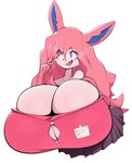 anthro big_breasts blush blush_lines breasts cleavage cleavage_cutout clothed clothing cutout female hair huge_breasts hyper hyper_breasts name_tag pink_hair shirt simple_background solo tight_clothing topwear white_background kkoart nintendo pokemon selene_(itsawulf) eeveelution generation_6_pokemon pokemon_(species) sylveon