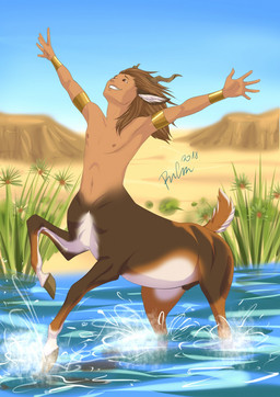 animal_genitalia brown_body brown_eyes brown_fur brown_hair fully_sheathed fur genitals grass grin hair male markings nipples orange_markings outside partially_submerged plant sand sheath smile solo splash tan_body tan_skin white_body white_fur rufciu taur 2018 dated hi_res signature