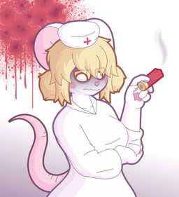5_fingers anthro arms_bent blonde_hair blood blood_splatter blush bodily_fluids breasts bullet_hole clothed clothed_female clothing eye_through_hair female fingers fur grumpy hair hand_on_elbow headgear headwear holding_object implied_suicide looking_away nurse_clothing nurse_headwear periorbital_dark_circles shell_(projectile) short_hair shotgun_shell simple_background smoking solo standing tail three-quarter_view translucent translucent_hair wavy_tail white_body white_fur yellow_eyes frackntoaster terrible_mouse lorna_(terrible_mouse) mammal mouse murid murine rodent 2026 cel_shading digital_drawing_(artwork) digital_media_(artwork) hi_res shaded