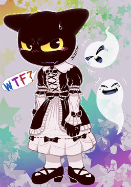 blush bodily_fluids clothed clothing dress embarrassed female fully_clothed group humiliation laugh shaking sweat tears nanasun google google_doodle magic_cat_academy momo_(google) domestic_cat felid feline felis ghost mammal spirit