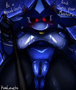 anthro anus bdsm big_breasts blush bodily_fluids breasts butt clothed clothing crossgender dialogue dominant dominant_female female genital_fluids genitals glistening glistening_body glowing glowing_eyes heart_symbol leash leash_pull leashed_viewer looking_at_viewer low-angle_view machine mouthless nipples nude red_eyes simple_background solo text vaginal_fluids vulva wet worm's-eye_view kailewds sega sonic_the_hedgehog_(series) metal_sonic neo_metal_sonic eulipotyphlan hedgehog humanoid mammal robot robot_humanoid digital_media_(artwork) hi_res