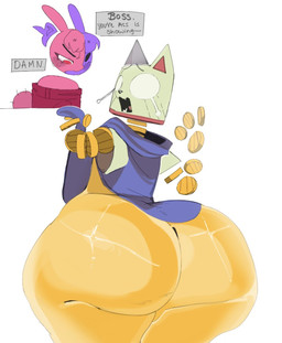 3_fingers anthro anthro_focus big_butt blue_clothing blue_shirt blue_topwear bodily_fluids bottom_heavy bottomless butt clothed clothing collar cute_fangs dialogue duo embarrassed fangs femboy fingers floating_arms floating_head hair huge_butt huge_thighs looking_down male male_focus open_mouth pink_body pink_hair purple_body purple_hair red_clothing red_collar red_eyes red_inner_ear red_sweater red_topwear shirt simple_background solo_focus sparkles speech_bubble surprised sweater t-shirt tears teeth text thick_thighs topwear whiskers white_background white_clothing white_shirt white_topwear wide_hips puppy_b ena:_dream_bbq ena_(series) kane_(ena) animate_inanimate domestic_cat felid feline felis living_coin mammal unknown_species character_request english_text hi_res
