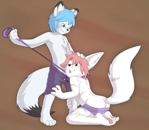 4_fingers 4_toes anthro anthro_on_anthro barefoot biped black_body black_fur black_nose blue_eyes blue_hair bodily_fluids bottomwear brown_background butt clothed clothed_sex clothing collar cum cum_on_face cum_on_partner dipstick_ears dipstick_tail dominant dominant_male duo ear_markings erection feet fingers fur genital_fluids genitals hair half-closed_eyes hand_on_head holding_leash holding_object humanoid_genitalia humanoid_penis inner_ear_fluff kneeling leash leash_pull leg_grab looking_at_another looking_at_genitalia looking_at_partner looking_at_penis looking_down male male/male markings multicolored_ears multicolored_tail narrowed_eyes open_mouth partially_clothed pawpads penis penis_on_face penis_poking_out pink_hair pink_pawpads red_eyes sex shorts shota simple_background smile standing submissive submissive_male tail tail_markings toes topless tuft underwear underwear_down white_body white_fur young young_anthro jastam_(artist) maniacalmercury null_(nefariousnull) arctic_fox canid canine fennec_fox fox mammal true_fox 2018 hi_res