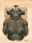 2018 amber_eyes anthro big_breasts black_body black_fur bovid bovine breasts cape_buffalo clothed clothing female fur horn looking_at_viewer mammal muscular muscular_anthro muscular_female nipples painting_(artwork) scale_(artist) solo topless traditional_media_(artwork)