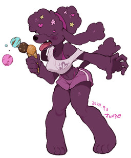 accessory anthro arm_tuft barefoot blush blush_stickers bottomwear bra_strap clothed clothing crop_top dessert feet female flower flower_accessory flower_in_hair food fur hair hair_accessory hair_over_eyes hairband heart_symbol hotpants ice_cream ice_cream_cone kemono off_shoulder plant purple_body purple_bottomwear purple_clothing purple_fur purple_hair purple_shorts sharp_teeth shirt shorts simple_background solo teeth thong_straps tongue tongue_out topwear tuft white_background white_clothing white_shirt white_topwear sanjiro canid canine canis domestic_dog mammal poodle 2024 dated hi_res