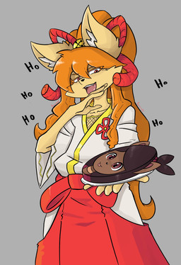 accessory after_transformation anthro asian_clothing bell bottomwear bow_ribbon clothed clothing duo ear_tuft east_asian_clothing emblem facial_tuft fangs female fishnet_clothing fishnet_topwear food fur grey_background hair hair_accessory hair_bow hair_ribbon holding_plate japanese_clothing kimono laugh long_hair looking_at_viewer ojou_laugh open_mouth orange_body orange_fur orange_hair pancake pink_eyes ponytail red_bottomwear red_clothing red_eyes ribbons sash simple_background solo standing teeth text tongue tongue_out topwear tuft white_clothing white_topwear snoutless undertale undertale_(series) undertale_yellow ceroba_ketsukane kanako_ketsukane canid canine fox mammal 2025 absurd_res artist_name digital_drawing_(artwork) digital_media_(artwork) english_text hi_res