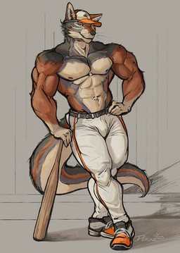 abs anthro baseball_bat baseball_cap baseball_pants bat_(object) belt biceps clothed clothed_male clothing footwear hat headgear headwear leaning_on_baseball_bat male male_anthro muscular muscular_male nipples shoes simple_background solo standing text topless topless_male deriaz iron99 canid canine canis coyote mammal 2025 artist_name dated