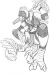 bandolier belt bottomwear bracelet bullet claws clothing collar elbow_pads feathers feet jewelry knee_pads loincloth male mask melee_weapon polearm sharp_teeth solo spear tail talons teeth toes topwear vest weapon winged_arms wings silgiriya_mantsugosi bandit_(beakiehelmet) dinosaur dromaeosaurid prehistoric_species reptile scalie theropod hi_res monochrome