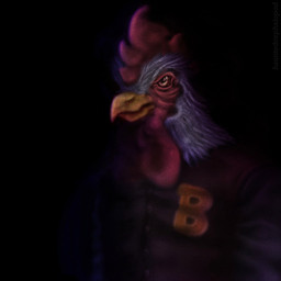 anthro avian_caruncle beak biped clothing comb_(anatomy) dewlap_(anatomy) feathers front_view head_crest jacket letterman_jacket male solo standing text three-quarter_view topwear wattle white_body white_feathers yellow_beak yellow_text louceph hotline_miami avian bird chicken galliform phasianid 1:1 2018 character_request colored digital_media_(artwork) digital_painting_(artwork) english_description half-length_portrait hi_res painting_(artwork) portrait