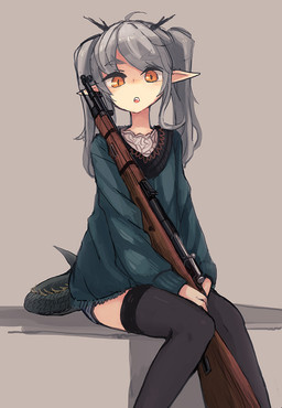 amber_eyes clothed clothing female fully_clothed green_body green_scales grey_background grey_hair gun hair holding_gun holding_object holding_ranged_weapon holding_rifle holding_weapon horn humanoid_pointy_ears legwear looking_at_viewer open_mouth pointy_ears ranged_weapon rifle scales simple_background sitting solo stockings tail thigh_highs weapon deadflow mythology kuryuu_kohaku animal_humanoid dragon dragon_humanoid humanoid mythological_creature mythological_scalie scalie tailed_humanoid 2015