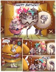 anthro burger burger_costume cake cake_costume cake_pie cake_pie_costume cheeseburger_costume clothing costume cupcake cupcake_costume dessert female food food_costume group pie_(food) pie_costume profanity text nauyaco dreamworks helluva_boss kung_fu_panda mythology hazel_harriet-taylor loona_(helluva_boss) queen_bee-lzebub_(helluva_boss) zhen_(kung_fu_panda) canid canid_demon canine corsac_fox demon fox fox_spirit hellhound lagomorph leporid mammal mythological_canine mythological_creature rabbit true_fox 2025 absurd_res english_text hi_res