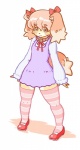 anthro black_eyes blush brown_body brown_fur clothed clothing collar dress female fur hair kemono legwear pattern_clothing pattern_legwear pink_hair solo stockings striped_clothing striped_legwear stripes young kin-shun itou_sora canid canine canis domestic_dog mammal digital_media_(artwork)