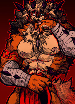 2_horns 5_fingers abs accessory amber_eyes anthro areola barazoku bedroom_eyes biceps big_muscles big_pecs black_ear_tips black_hair black_markings bodily_fluids chest_tuft claw_fingers claws clothed clothing collar collar_only countershade_fur countershade_torso countershading dewclaw dipstick_ears dog_tags dripping ear_markings ear_piercing ear_ring ear_tuft facial_markings fangs finger_fetish finger_lick finger_play fingers fluffy fluffy_tail fur glistening glistening_eyes grin hair head_markings horn jewelry licking long_hair looking_at_viewer male male_anthro manly markings melee_weapon multicolored_body multicolored_ears multicolored_fur multicolored_hair muscular muscular_anthro muscular_male muscular_thighs narrowed_eyes navel neck_tuft necklace necklace_only nipples nude nude_anthro nude_male obstructed_eyes one_eye_obstructed open_mouth orange_body orange_fur orange_hair orange_horn orange_tail pawpads paws pecs piercing pose ring_piercing saliva saliva_drip saliva_on_tongue saliva_string scar seductive sharp_teeth simple_background smile solo solo_focus spiked_tail spikes spikes_(anatomy) spiky_hair spread_legs spreading stare sword tail tan_background tan_body tan_fur teeth text thick_arms tongue tongue_out topless towel tuft twilight two_tone_body two_tone_fur two_tone_hair underwear vein weapon white_body white_fur white_hair yellow_body yellow_eyes yellow_fur jwbash mythology kyoto_rex canid canine canis dragon hybrid mammal mythological_canine mythological_creature mythological_scalie scalie werecanid werecanine werecreature werewolf wolf 2026 absurd_res digital_media_(artwork) hatching_(art) hi_res shaded watermark