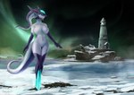 anthro black_body blue_eyes breasts featureless_breasts featureless_crotch female fingers ice landscape lighthouse navel nude outside sky snow solo white_body shalinka rasha unknown_species digital_media_(artwork) hi_res