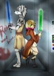 anthro armor blue_eyes blue_lightsaber clothed clothing duo female graffiti green_eyes green_lightsaber highlights_(coloring) jedi jedi_crest lightsaber male melee_weapon pose rebel_starbird robe simple_background weapon itaksuke star_wars argonaut sarah_fang bird_dog canid canine canis domestic_dog fox golden_retriever hunting_dog mammal retriever hi_res