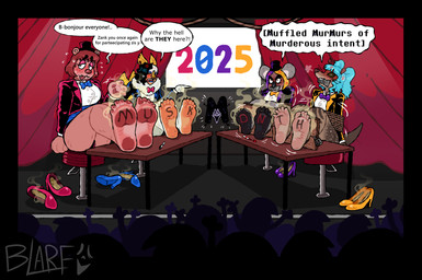 5_toes angry anthro auburn_hair audience barefoot bdsm black_hair black_tie_(suit) blue_eyeshadow blue_hair blue_lipstick blush body_writing bondage bound bow_tie brown_body brown_fur clothing countershade_feet countershading cross-popping_vein dialogue dirty dirty_feet eyeshadow feet foot_fetish foot_focus foot_on_table footprint_in_shoe footwear fur furniture gag gesture grey_body grey_fur group hair hand_gesture high_heels humanoid_feet lipstick makeup marker multicolored_hair musk musky_feet patterned_fur plantigrade pointing pointing_at_another red_eyeshadow restrained restraints rope rope_bondage shoes shoes_removed sitting smelly smelly_feet smelly_shoes soles stage stage_curtains stink_fumes stocks struggling suit table tape tape_gag text toes two_tone_hair white_body white_fur writing_on_foot blarf022 musk_month blarf_(blarf022) sheila_koala_(blarf022) sherry_bear_(blarf022) venus_von_colugo_(blarf022) vranda_von_bat_(blarf022) bat bear colugo honduran_white_bat kinx_(blarf022) koala leaf-nosed_bat mammal marsupial microbat vombatiform yangochiropteran 2025 absurd_res english_text hi_res