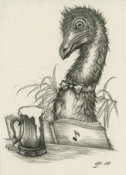 alcohol anthro beak beer_mug beverage bow_tie coin earhole feathers looking_at_viewer male musical_note musical_symbol musician plant scales sheet_music solo symbol himmapaan dinosaur feathered_dinosaur feathered_scalie ornithomimosaur prehistoric_species reptile saurischian scalie theropod 2014 dated graphite_(artwork) headshot_portrait monochrome portrait sepia traditional_media_(artwork)