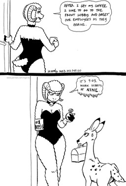 anthro bell bell_collar bodily_fluids breasts cleavage clock clothed clothed_anthro clothed_female clothing coffee_cup collar container cup dialogue duo female feral fingers fur hooved_fingers hooves lunchbox markings pocketwatch scut_tail short_tail spots spotted_body spotted_fur sweat sweatdrop tail text watch wool_(fur) tegerio lana_lynne bovid caprine deer mammal sheep 2023 black_and_white comic english_text hi_res monochrome