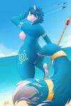 anthro beach blue_body blue_fur butt cloud feet female fur genitals humanoid_feet melee_weapon nude plantigrade polearm pussy sea seaside soles spear star water weapon halu nintendo star_fox krystal_(star_fox) canid canine fox mammal 2:3 absurd_res digital_media_(artwork) hi_res