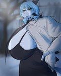 abstract_background anthro back_spikes big_breasts blue_body blue_hair blue_scales breasts cleavage clothed clothing curvy_figure dress_shirt eyelashes female hair huge_breasts looking_at_viewer multicolored_body multicolored_scales necktie non-mammal_breasts open_clothing open_shirt open_topwear scales shirt short_hair side_boob smile snout solo spikes spikes_(anatomy) topwear two_tone_body two_tone_scales voluptuous voluptuous_anthro voluptuous_female yellow_eyes kenonsfw celia_(kenonsfw) ankylosaurian ankylosaurid ankylosaurus dinosaur ornithischian prehistoric_species reptile scalie thyreophoran 2024 digital_drawing_(artwork) digital_media_(artwork)