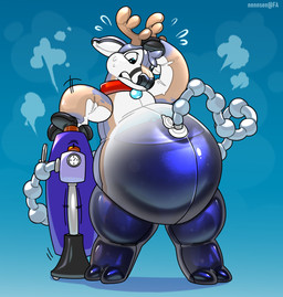 air_inflation air_valve anthro antlers belly belly_inflation big_belly biped blue_background blue_body blue_eyes bodily_fluids brown_body cleaning_tool collar expansion glistening gradient_background hooves horn hose hose_inflation inflatable inflation latex looking_down male motion_lines nude pool_toy red_collar simple_background solo standing steam sweat sweatdrop tan_body transformation translucent translucent_body vacuum_cleaner white_body nennsen jaiy animate_inanimate deer living_inflatable mammal new_world_deer reindeer digital_drawing_(artwork) digital_media_(artwork) hi_res