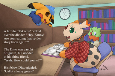 ambiguous_gender analog_clock anthro bookshelf chair clock comic_book detailed_background furniture group implied_transformation library manga_(object) nervous text crizbn nintendo pokemon so_i'm_a_spider_so_what? arachnid arthropod ditto_(pokemon) generation_1_pokemon pikachu pokemon_(species) spider 3:2 english_text hi_res signature